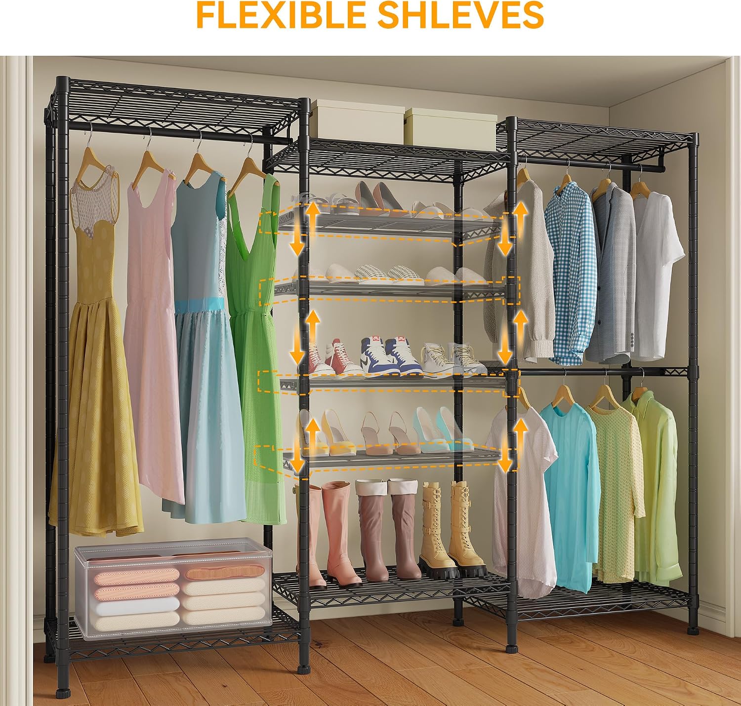 Higeego H12 Heavy Duty Clothes Rack with Adjustable 5-Tier Shoe Rack, Freestanding Clothing Racks for Hanging Clothes, Metal Shoe Organizer Large Closet Racks, 15.7' D x 68.7' W x 76.4' H, Black