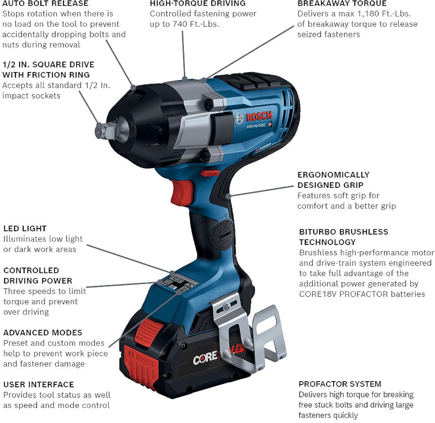 BOSCH GDS18V-740CB14 PROFACTOR™ 18V Connected 1/2 In. Impact Wrench Kit with Friction Ring and (1) CORE18V 8 Ah High Power Battery
