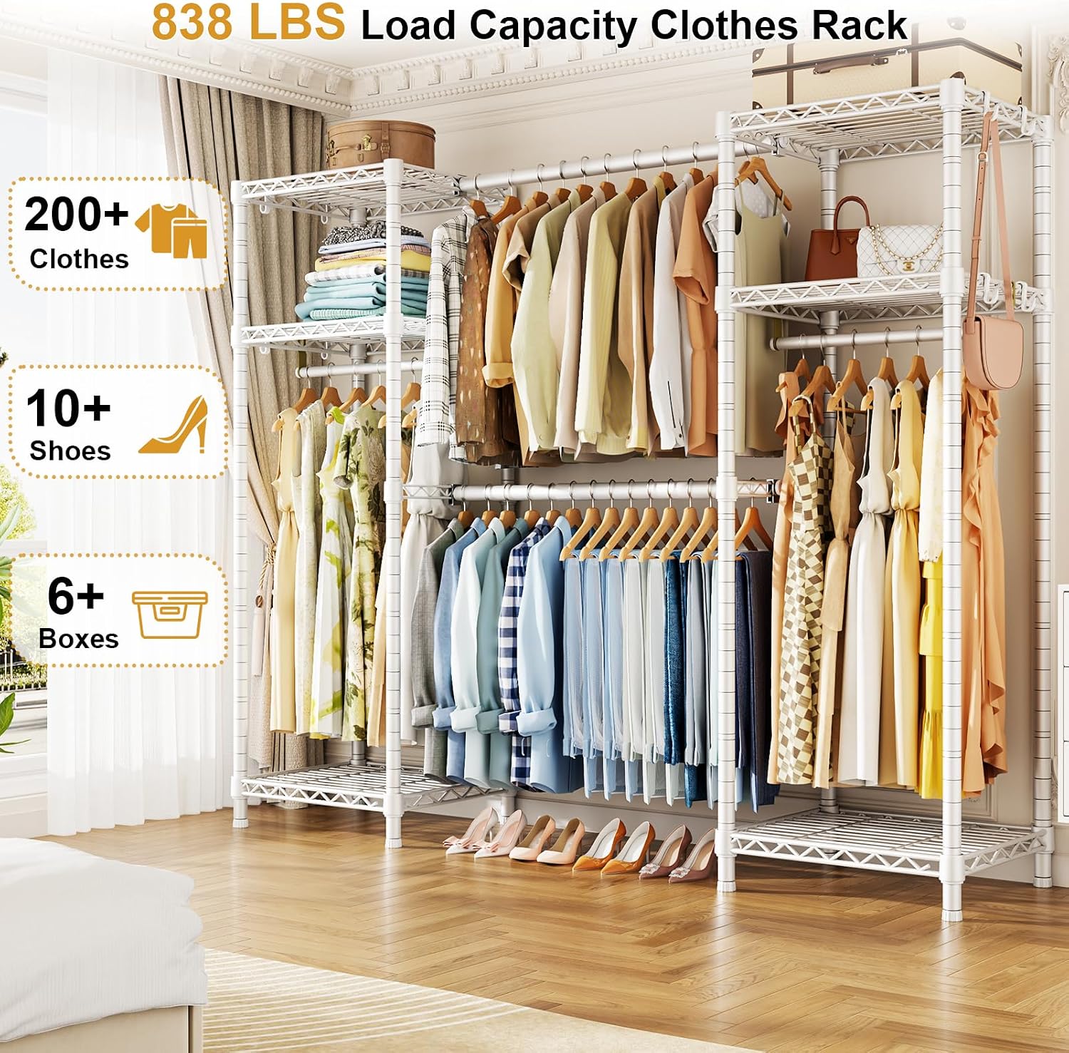 Ulif E7 Heavy Duty Garment Rack, Clothes Organizer and Storage Rack with Expandable Hangers, Metal Clothing Rack with 6 Wire Shelves, (52.3'-72') W x 14.5' D x 71.2' H, Load 838 LBS, White