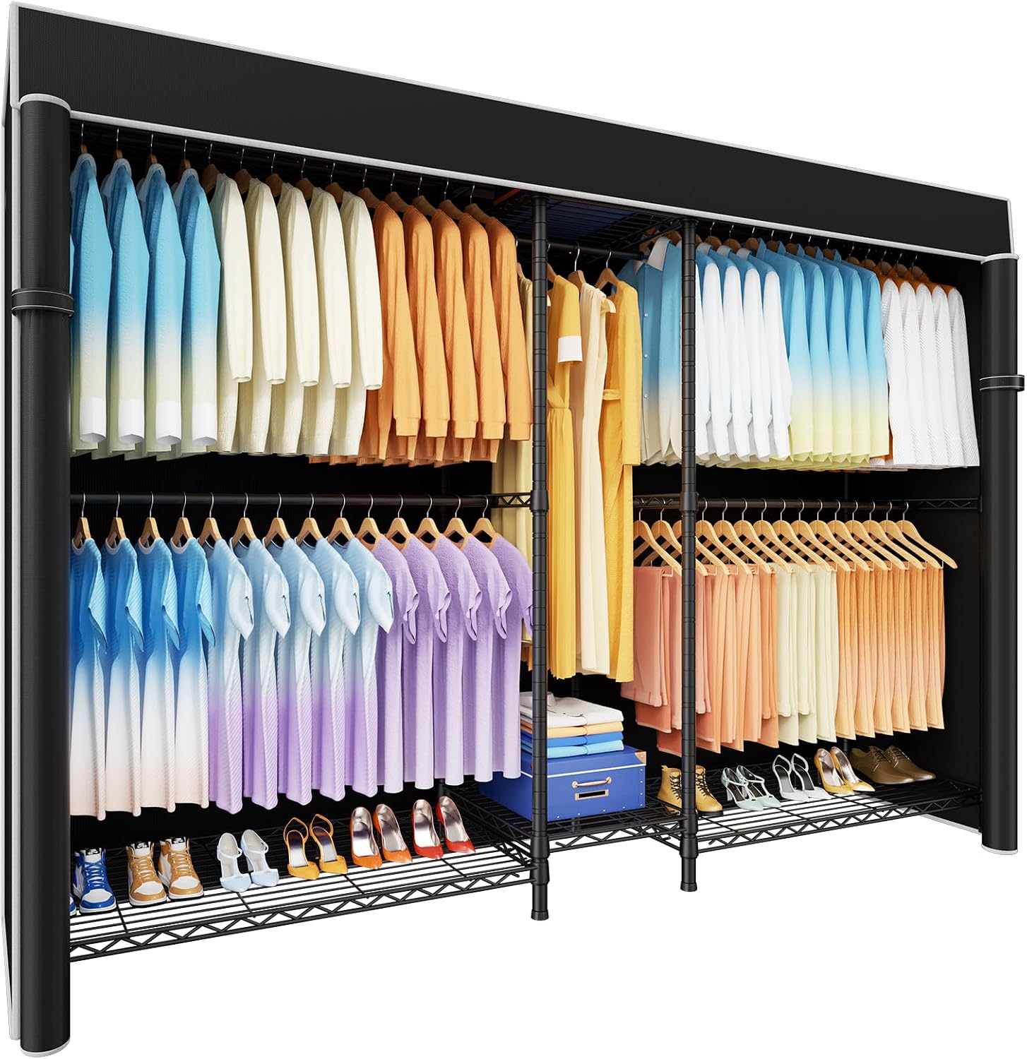 Ulif E12C Max Heavy Duty Closet Organizer System，Freestanding Clothing Rack, Adjustable Garment Rack 83' W x 16' D x 76.5' H Holds 1060 lbs, Black Clothing Rack with Black Dustproof Cover