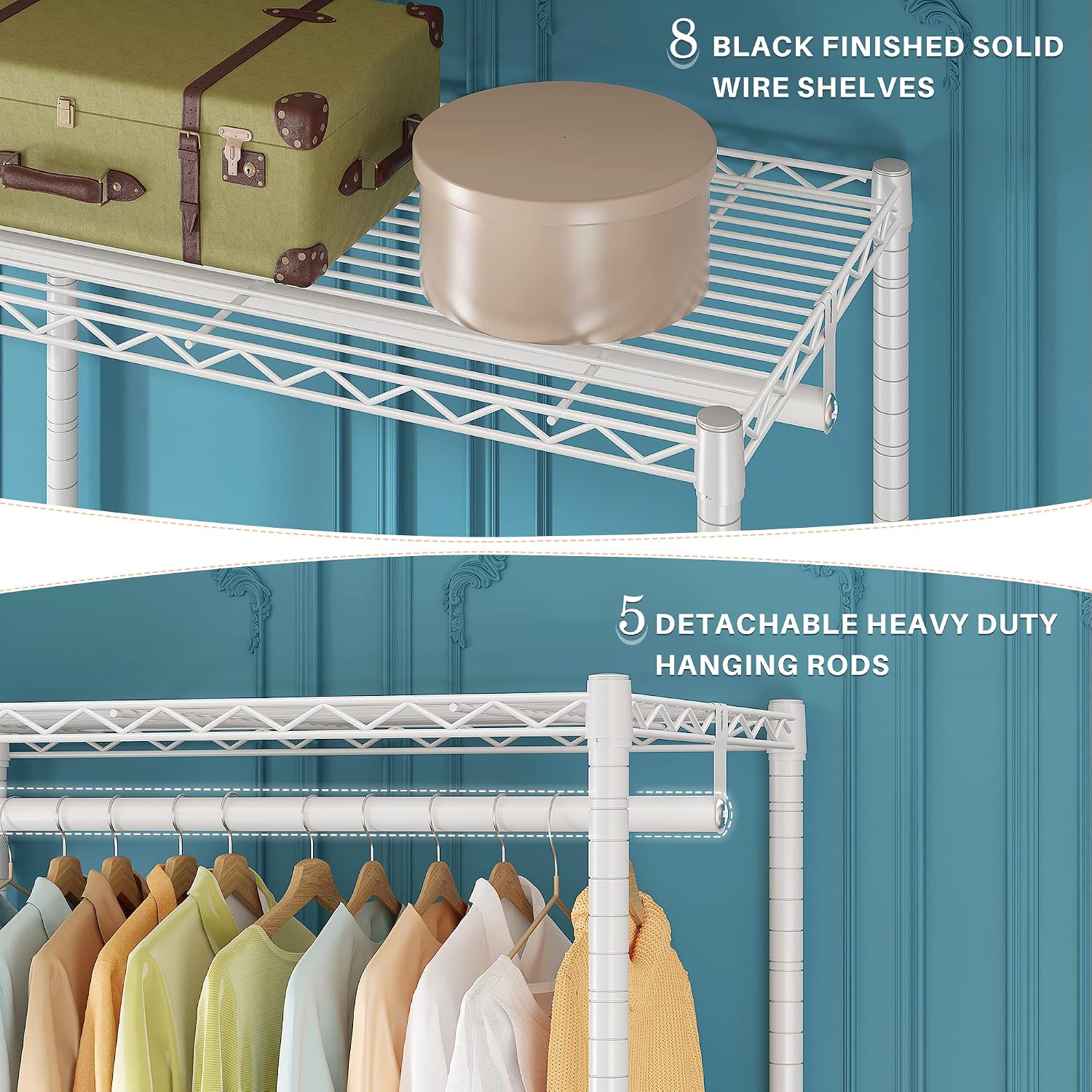 Raybee Clothing Rack for Hanging Clothes,Heavy Duty Clothes Rack with Shelves,Portable Closet,Adjustable,Metal,Max Load 900lbs,White
