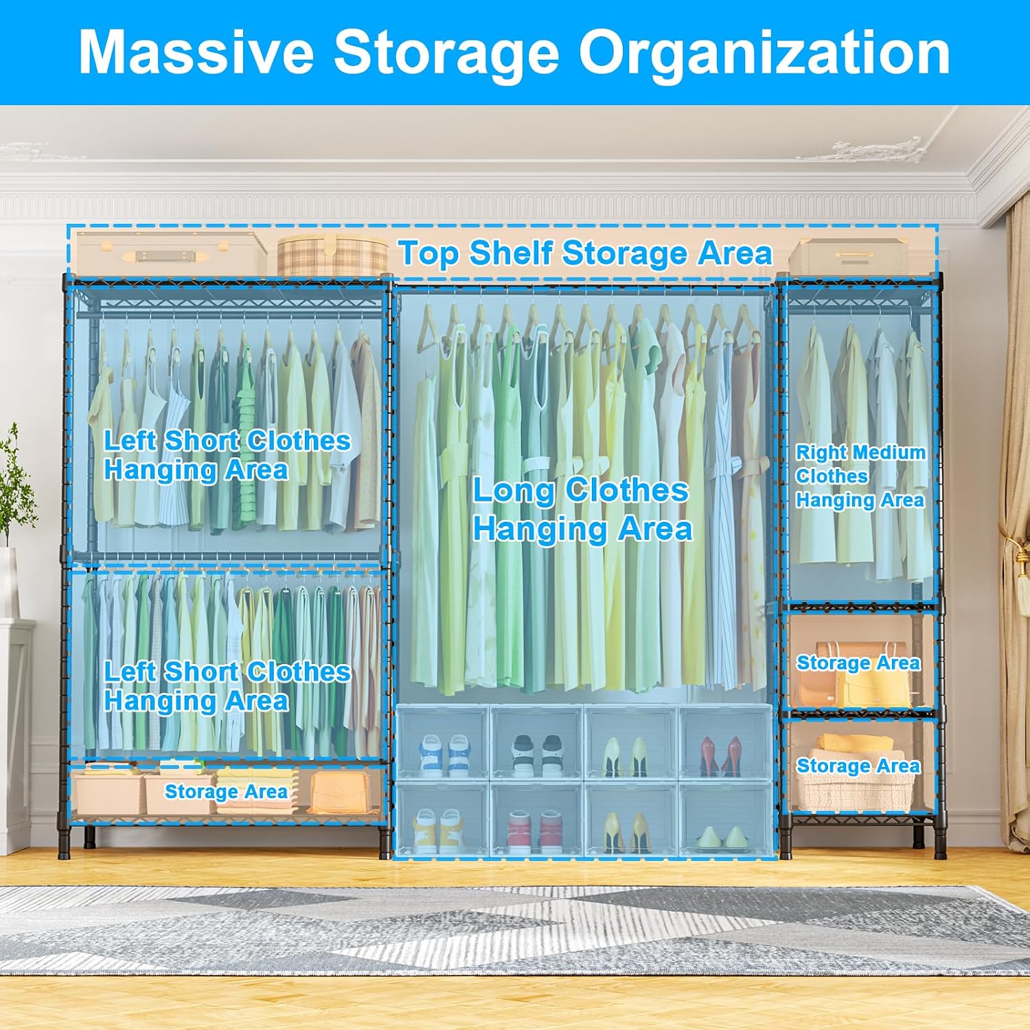 Ulif E10 Clothes Rack（With Stretchable Hanger Rod）Freestanding Clothing Racks for Hanging Clothes，Adjustable Closet Organizer System，Portable Garment Rack 73-97'W x 15' D x 72' H，Max Load 800LBS，Black