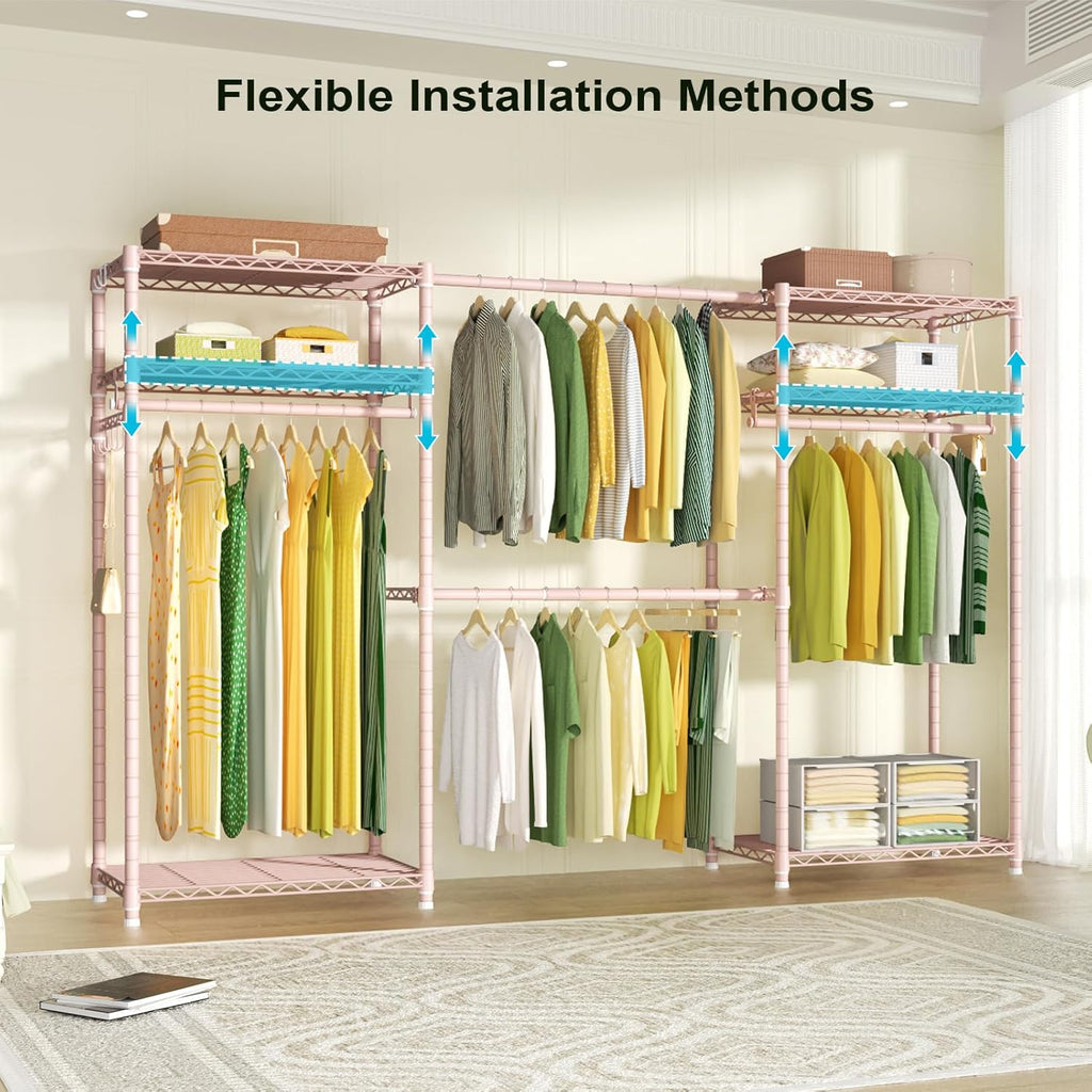 Ulif E1 Heavy Duty Closet Garment Rack, 6 Tiers Adjustable Metal Freestanding Expandable Clothing Storage with 4 Hanger Rods, Easy to Assemble Wardrobe, 71.4' H x (70' - 88.2') L x 14' D, Pink