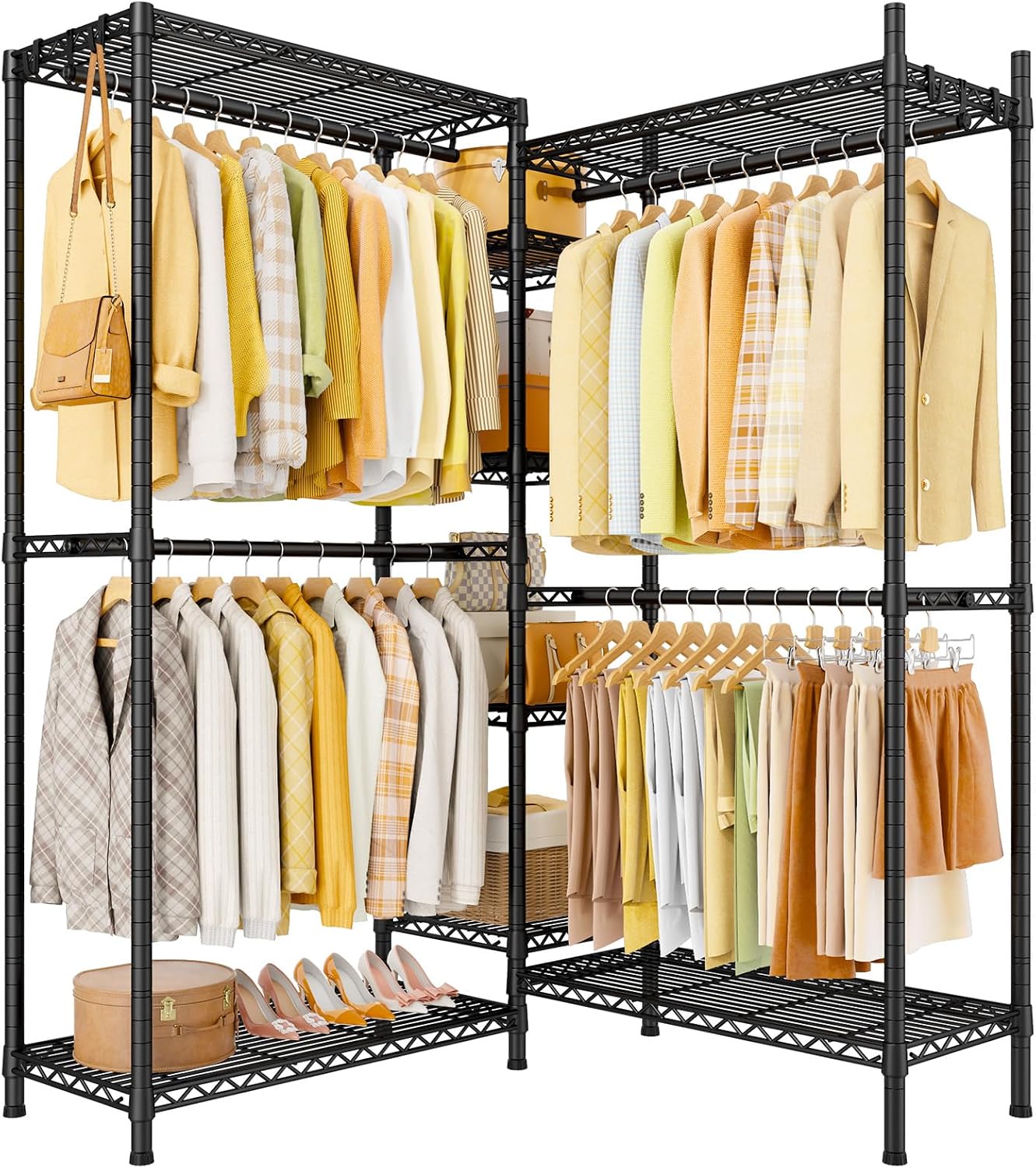 Ulif E4L L-shaped Clothes Rack for Corner, Heavy Duty Freestanding Garment Rack, Metal Clothing Organization Storage System with Shelves and Hangers, Max Load 962lbs, 42.7'W x 42.7'D x 79.3'H, Black