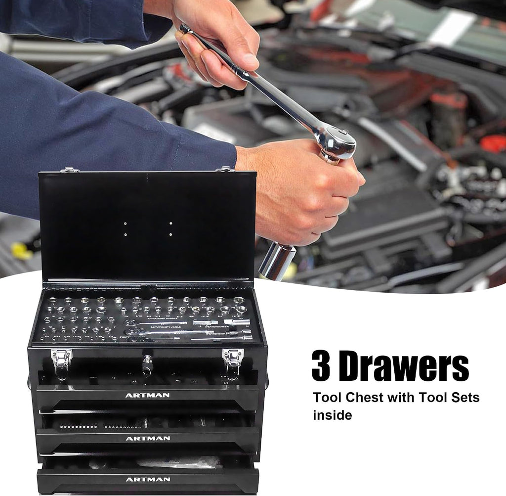 RYH 20' Portable 3-Drawer Steel Toolbox with Lock - Heavy Duty Tool Box Set for Mechanics, Electricians & Home Improvement | Includes Socket Wrench, Pliers, | Gift for Men, Handymen(Black)