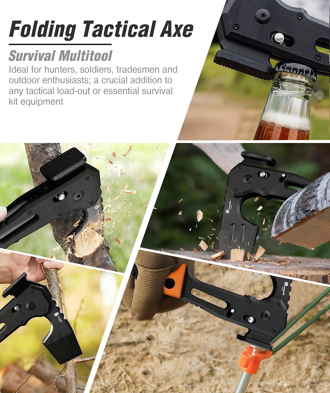 HX OUTDOORS Folding Hatchet Axe Survival Multitool, DC53 Steel Blade with Black Titanium, Camping Hatchet with Hammer, G10 Handle for Outdoor Gear,Various Tactical and Survival (Orange)