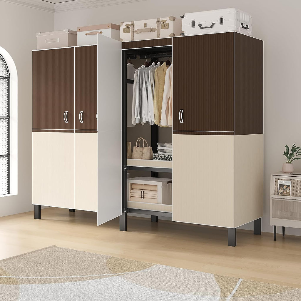 71in Heavy Duty Portable Closet with Cover, 1500lbs Foldable Covered Metal Clothing Wardrobe Closet System, Heavy Duty Garment Rack for Hanging Clothes, for Bedroom,Apartment,Rental Property, Brown