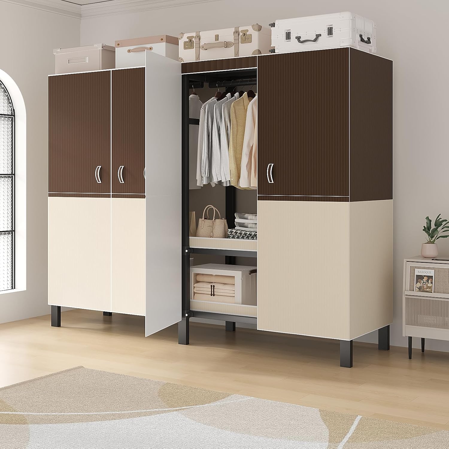 71in Heavy Duty Portable Closet with Cover, 1500lbs Foldable Covered Metal Clothing Wardrobe Closet System, Heavy Duty Garment Rack for Hanging Clothes, for Bedroom,Apartment,Rental Property, Brown
