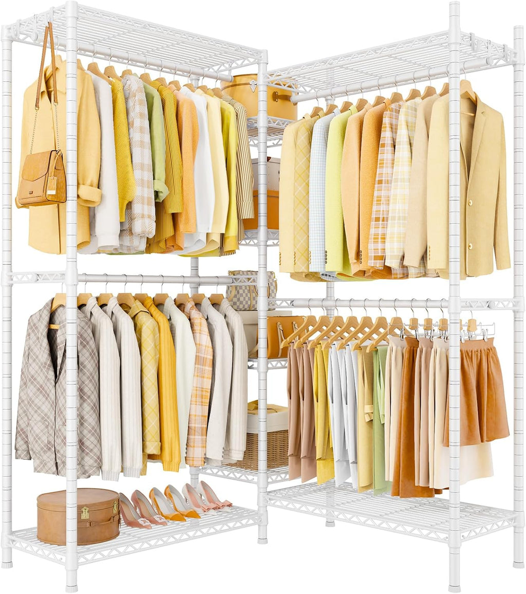 Ulif E4L L-shaped Clothing Rack for Corner, Heavy-Duty Freestanding Garment Rack, Metal Clothes Storage Organizer System with Shelves and Hangers, Max Load 962lbs, 42.7' W x 42.7' D x 79.3' H, White