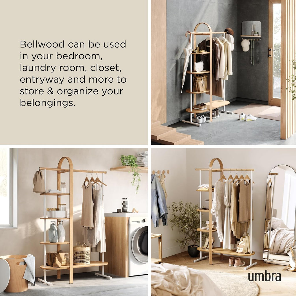 Umbra Bellwood Garment Rack Clothes Stand for Clothing, Coats, Dresses, with Shelf for Shoes and Accessories, White/Natural