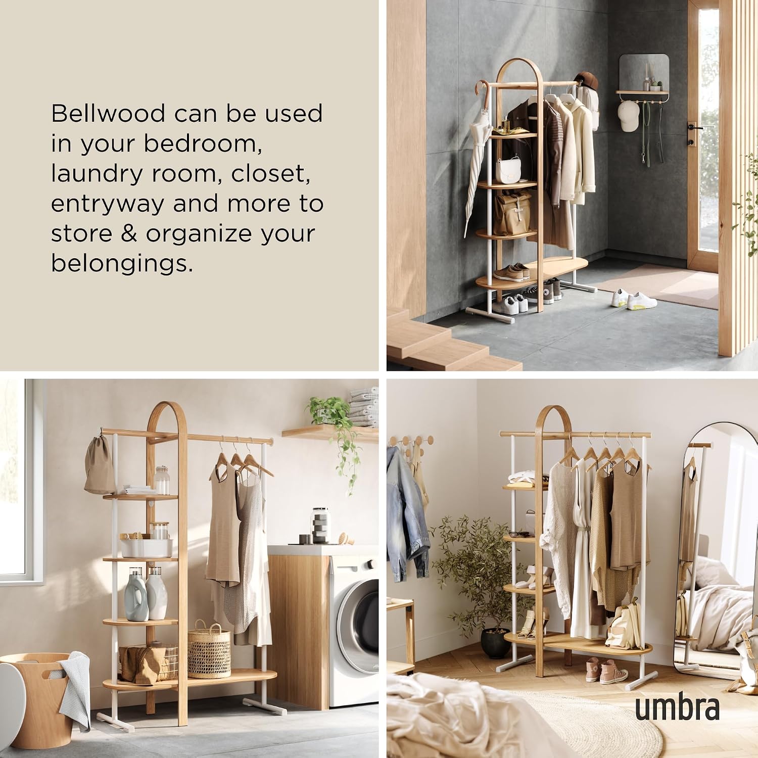 Umbra Bellwood Garment Rack Clothes Stand for Clothing, Coats, Dresses, with Shelf for Shoes and Accessories, White/Natural