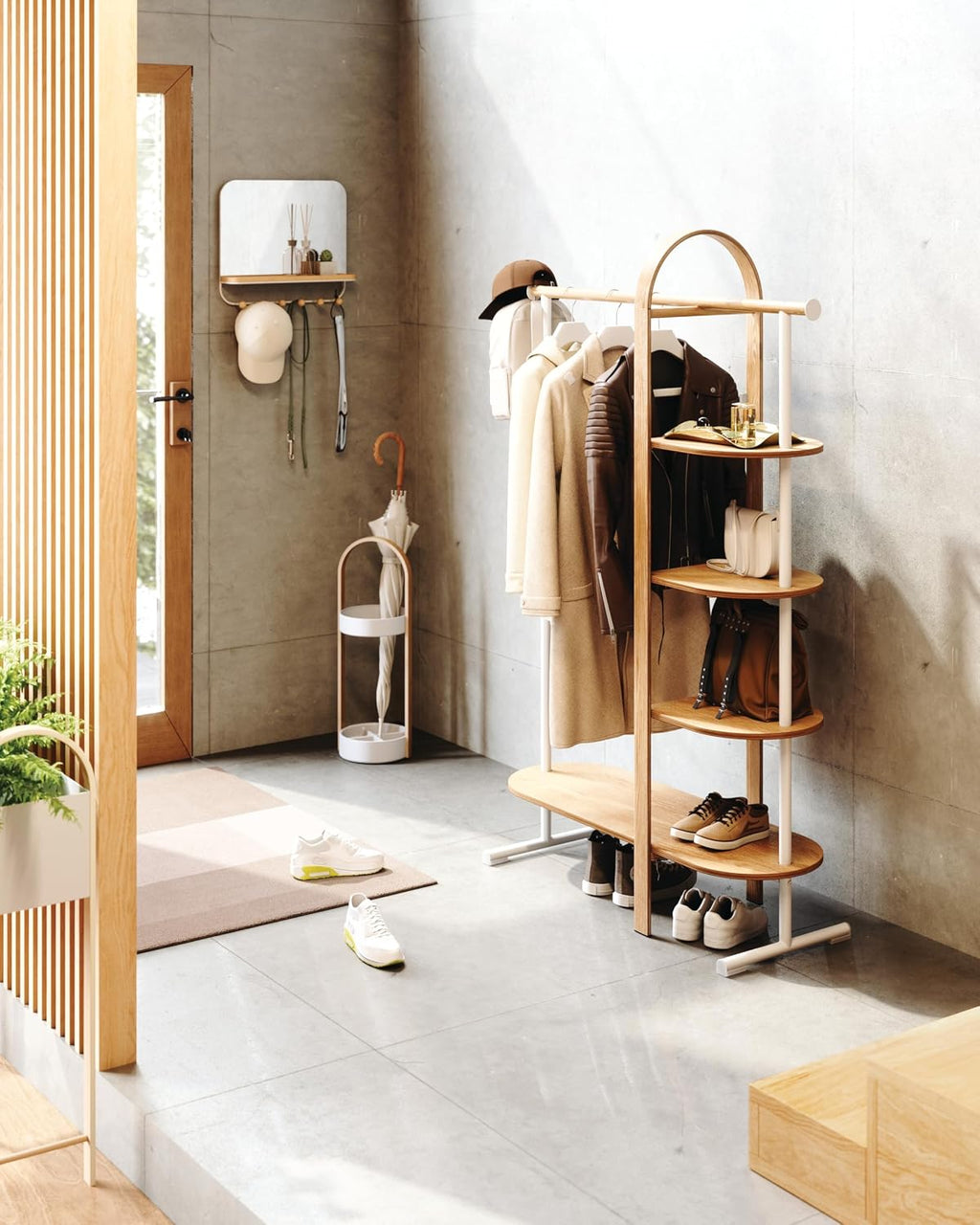Umbra Bellwood Garment Rack Clothes Stand for Clothing, Coats, Dresses, with Shelf for Shoes and Accessories, White/Natural