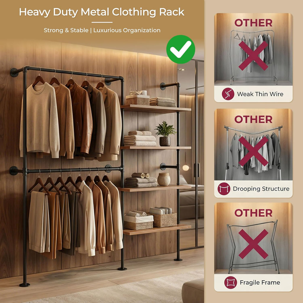 Industrial Pipe Clothing Rack, Wall Mounted Garment Black Wall Hanging Clothing Rack, Heavy Duty Clothes Rack for Walk in Closet Storage, Laundry Room, 14.6x76x82.7 Inches, Model Y02