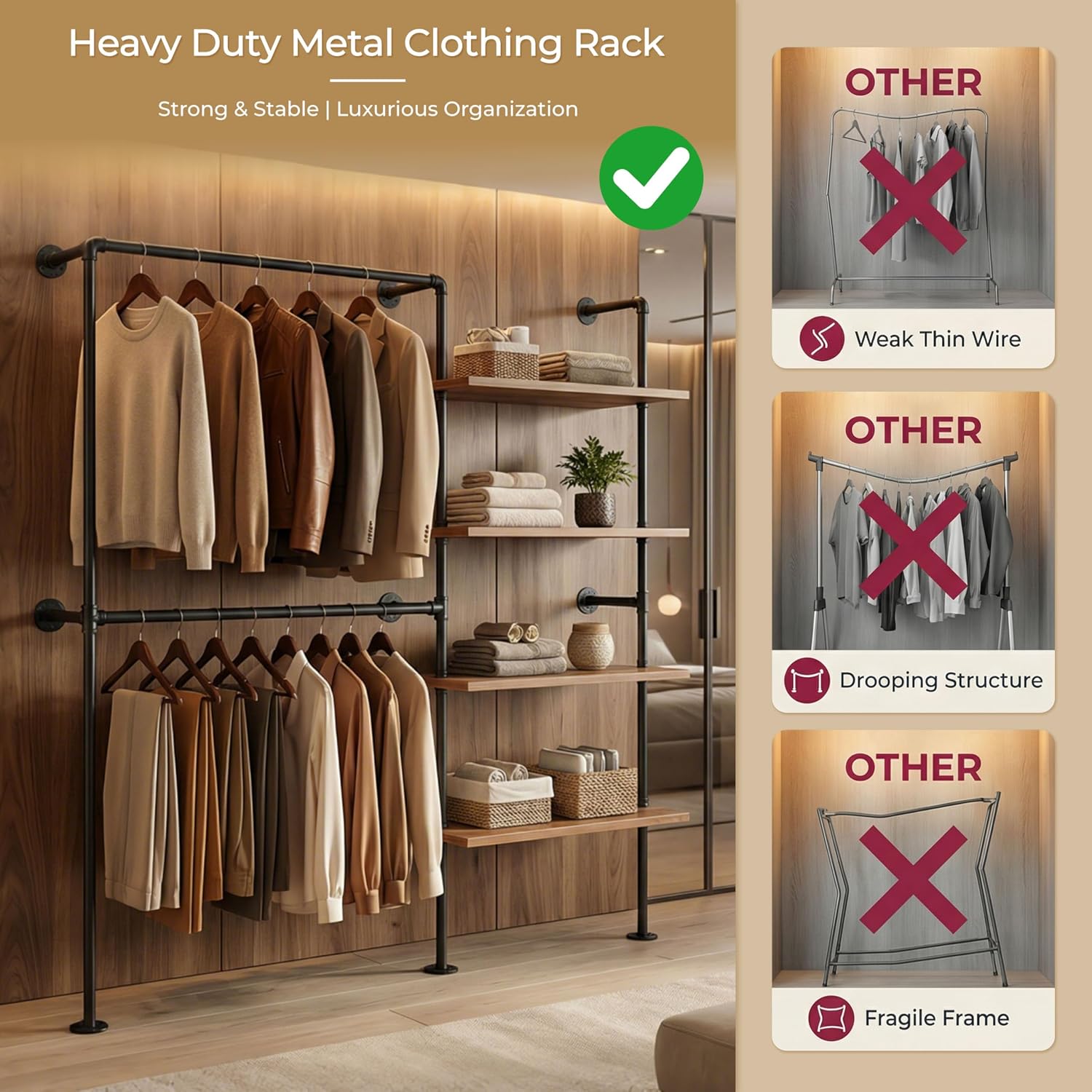 Industrial Pipe Clothing Rack, Wall Mounted Garment Black Wall Hanging Clothing Rack, Heavy Duty Clothes Rack for Walk in Closet Storage, Laundry Room, 14.6x76x82.7 Inches, Model Y02