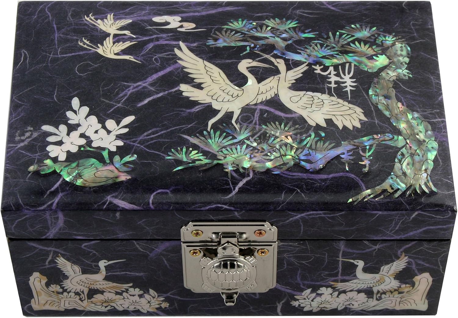 Antique Alive Mother of Pearl Inlay Design Jewelry Box, Wood Jewelry Box, Trinket Case, Keepsake Treasure Chest Box Organizer Holder (Crane Pine Purple)