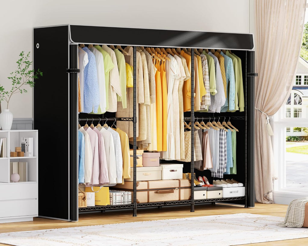 ULIFHOME E14C Pro Heavy Duty Closet Organizer System，Freestanding Clothing Racks for Hanging Clothes，Adjustable Garment Rack 69' W × 16' D × 77' H Hold 960 lbs，Black Rack with Black Dustproof Cover