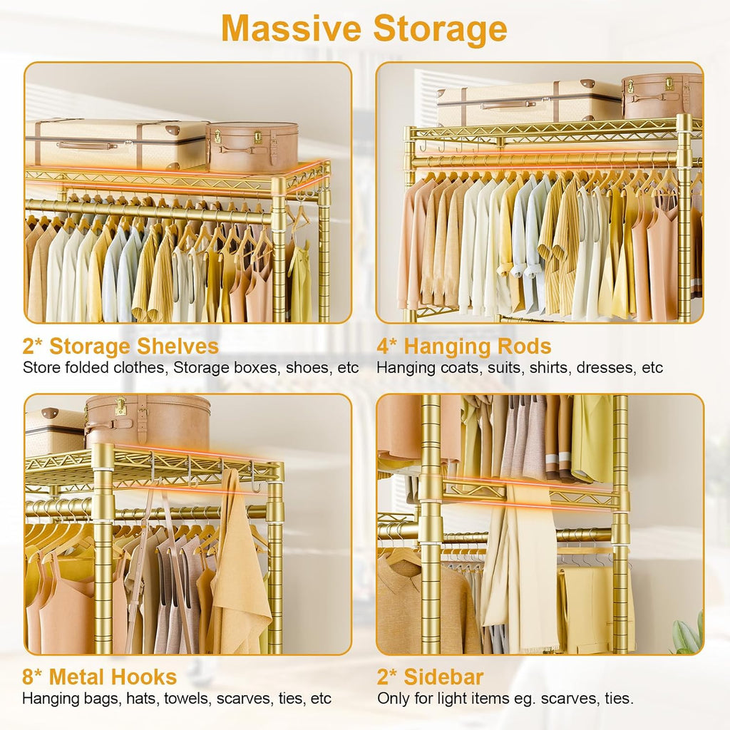ULIFHOME P4 Plus Rolling Clothes Rack Heavy Duty, Clothing Racks for Hanging Clothes, Free Standing Garment Racks with Wheels, Portable Closet Rack 45'' W × 20.5'' D × 80.5'' H, Max Load 570 Lbs, Gold