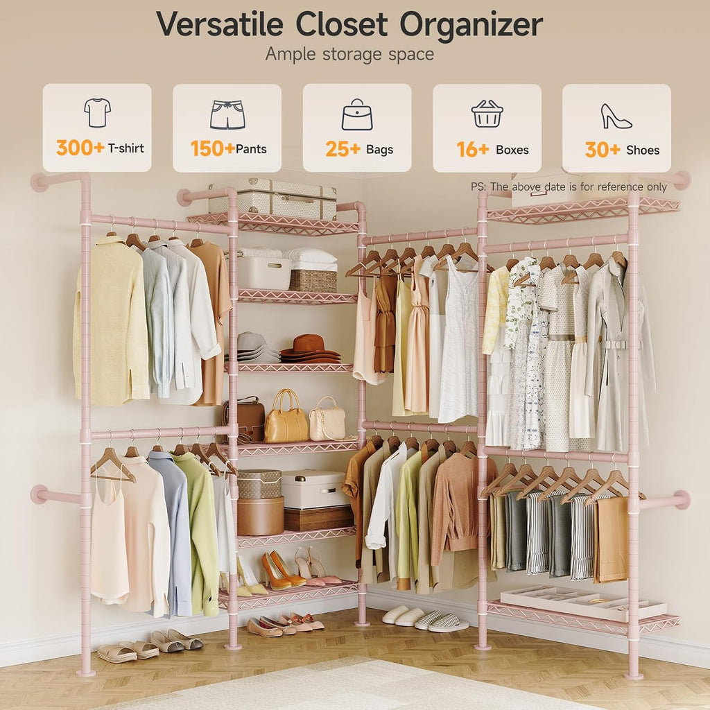 ONBRILL L4 Wall Mounted Industrial Pipe Clothing Rack, Closet Organizer System with 6 Hanging Clothes Rods ( 4 Expandable Rods) & 8 Shelves, Heavy Duty Corner Garment Rack, Large Wardrobe - Pink