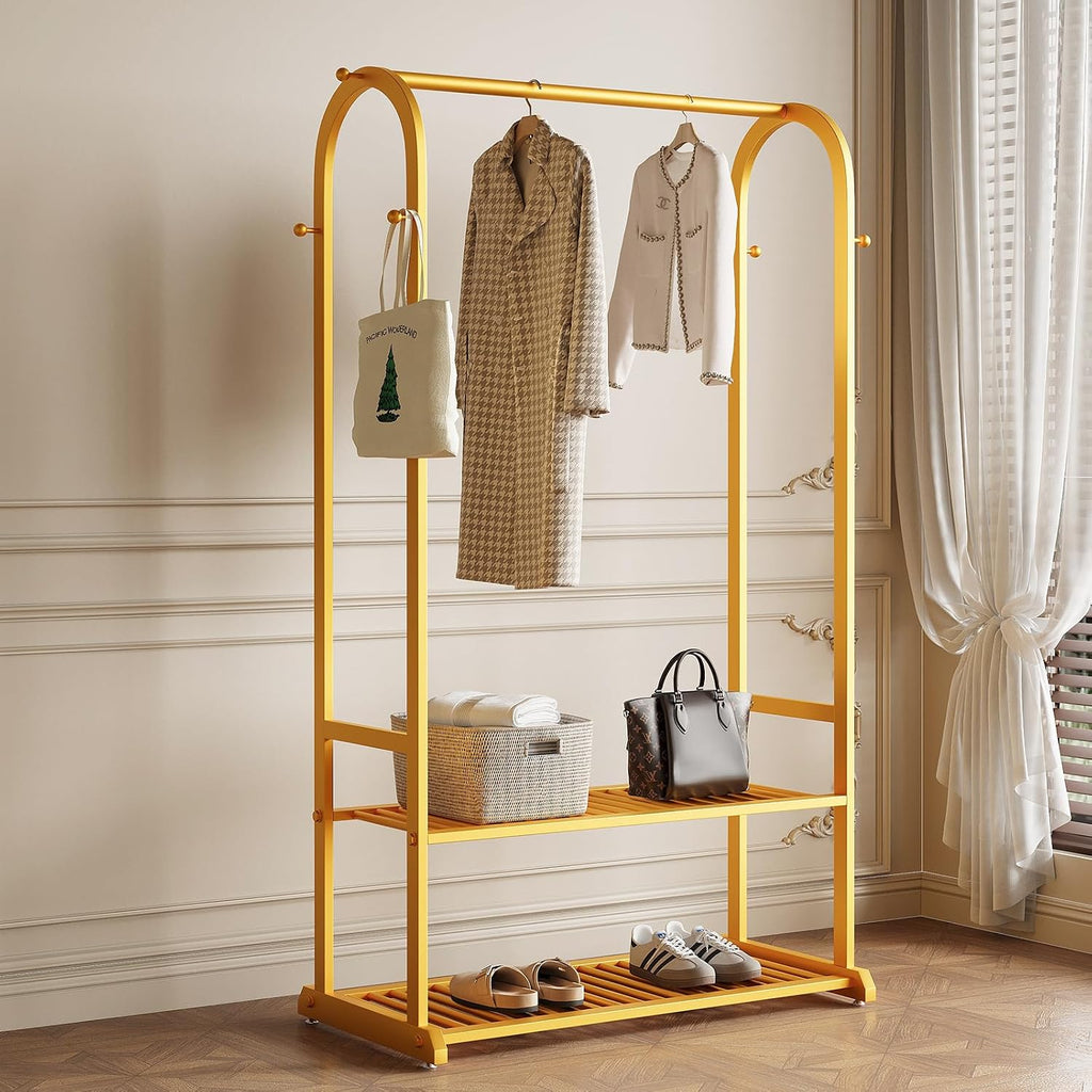 Gold Clothing Rack for Hanging Clothes,Sturdy metal clothes rack,Modern Garment Rack with Bottom Storage Shelves and 6 Side Hooks, Freestanding Wardrobe Rack for Bedroom or Closet