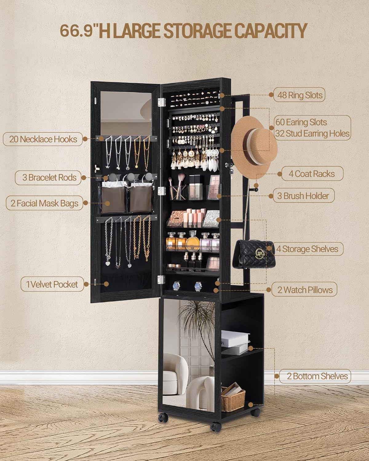 Hzuaneri 8 LEDs Jewelry Cabinet Armoire, 66.9-inch Jewelry Organizer with Garment Rack, Lockable Full-length Mirror with 4 Wheels, Storage Shelves with Hooks, 5-in-1, Black JC17004B