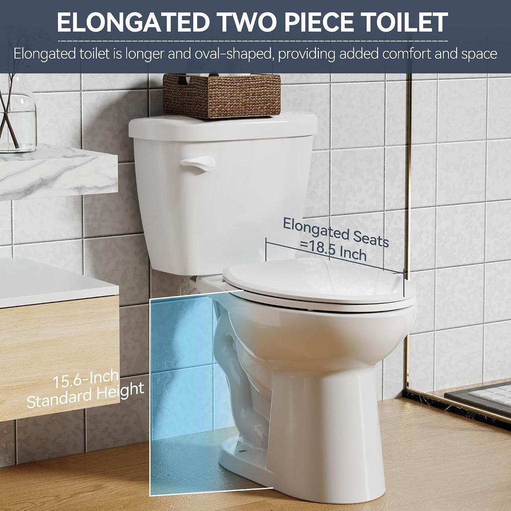Two-Piece Elongated Toilet Set, Water Conserving Single Flush with Soft-Close Seat, Standard Installation for Home Bathrooms