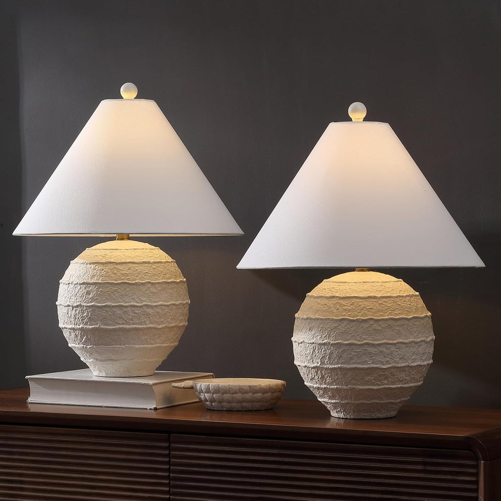 JONATHAN Y 21' Antique White Coastal Cottage Textured Resin Table Lamp Set of 2, Farmhouse Ridged Nightstand Lamps for Living Room Bedroom, White Linen Shade, LED Bulbs JYL9205A-SET2