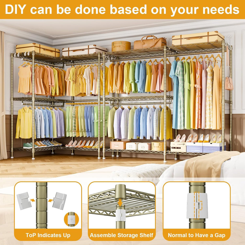 ULIFHOME E15 Garment Rack L Shaped Clothes Rack for Corner，Freestanding Clothing Racks for Hanging Clothes，Heavy Duty Closet Organizer with 4 Hanging Rods & 8 S Hooks，43.4' W x 15.8' D x 78.4' H，Gold