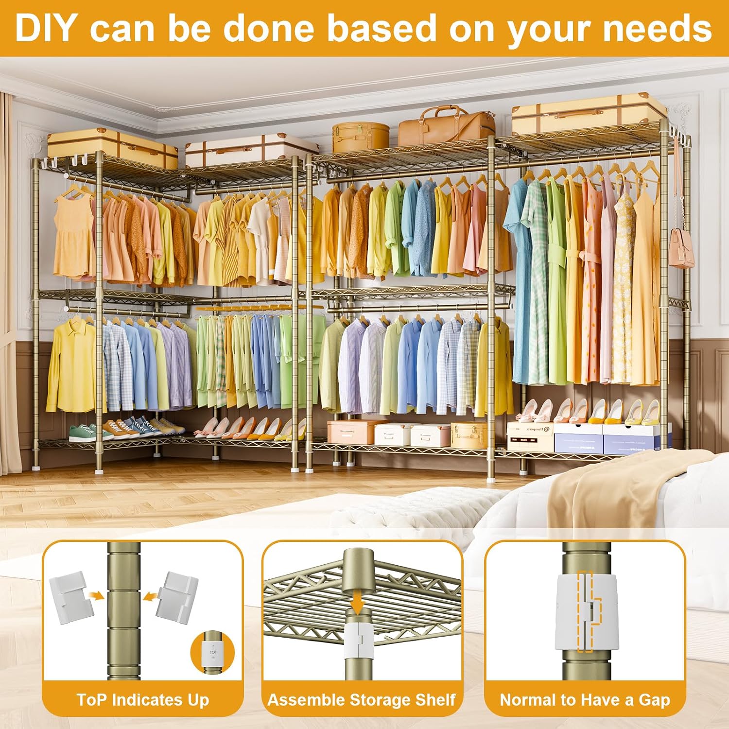 ULIFHOME E15 Garment Rack L Shaped Clothes Rack for Corner，Freestanding Clothing Racks for Hanging Clothes，Heavy Duty Closet Organizer with 4 Hanging Rods & 8 S Hooks，43.4' W x 15.8' D x 78.4' H，Gold