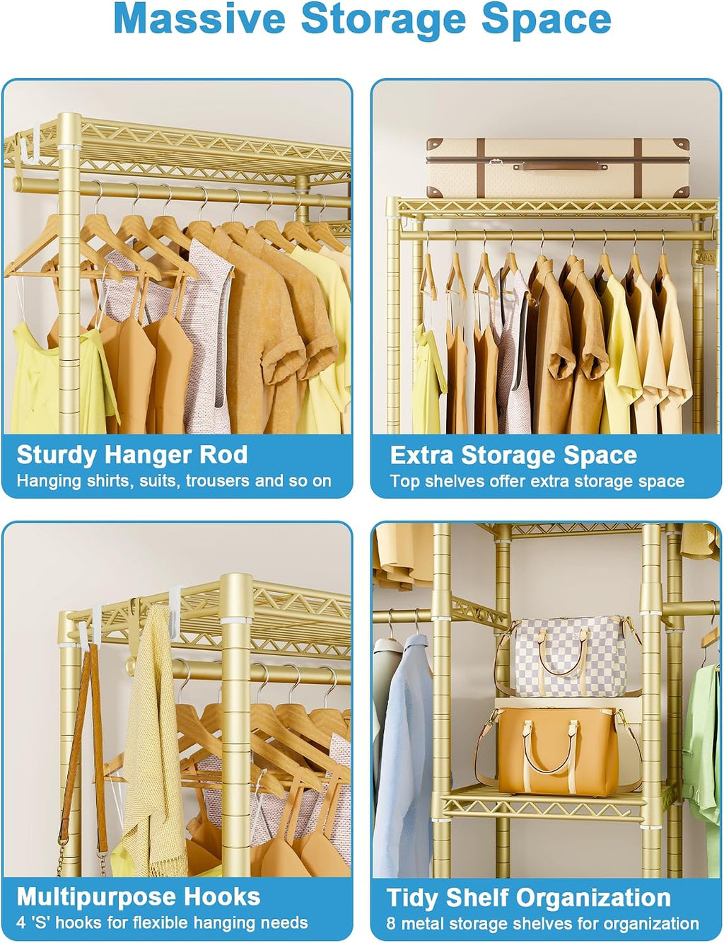 Ulif E4 Clothes Rack, Heavy-Duty Garment Rack, Metal Freestanding Clothing Organization Storage System Can Be L-Shaped with Shelves and Hangers, Max Load 962lbs, 71.6' W x 14.5' D x 79.3' H, Gold