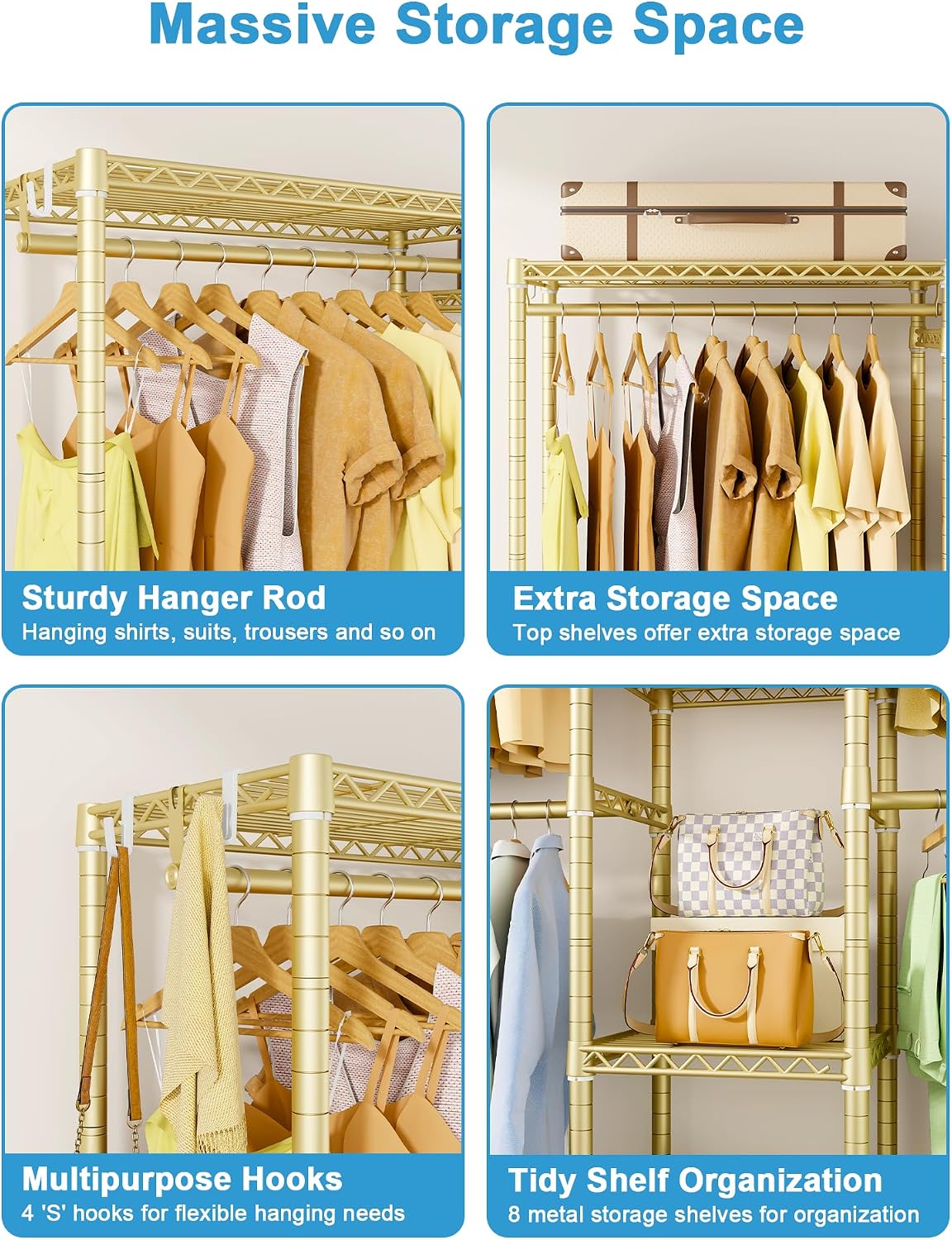 Ulif E4 Clothes Rack, Heavy-Duty Garment Rack, Metal Freestanding Clothing Organization Storage System Can Be L-Shaped with Shelves and Hangers, Max Load 962lbs, 71.6' W x 14.5' D x 79.3' H, Gold