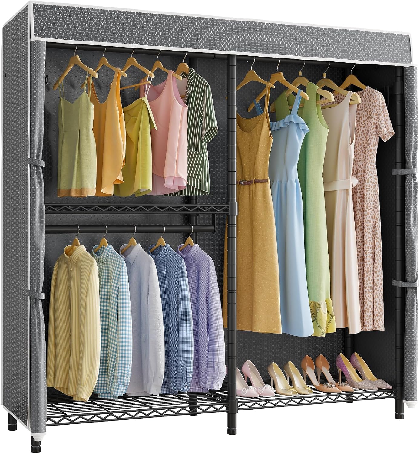 VIPEK V4C Garment Rack with Cover, Heavy Duty Portable Closet Adjustable Metal Clothing Rack for Hanging Clothes with Hanging Rods & Side Hooks, Max Load 810lbs, Black Rack with Grey Cover