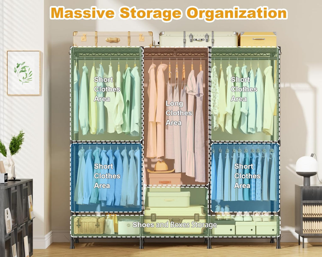 ULIFHOME E14C Heavy Duty Closet Organizer System，Freestanding Clothing Racks for Hanging Clothes，Adjustable Garment Rack 58' W × 16' D × 77' H Hold 860 lbs，Black Rack with Black Dustproof Cover