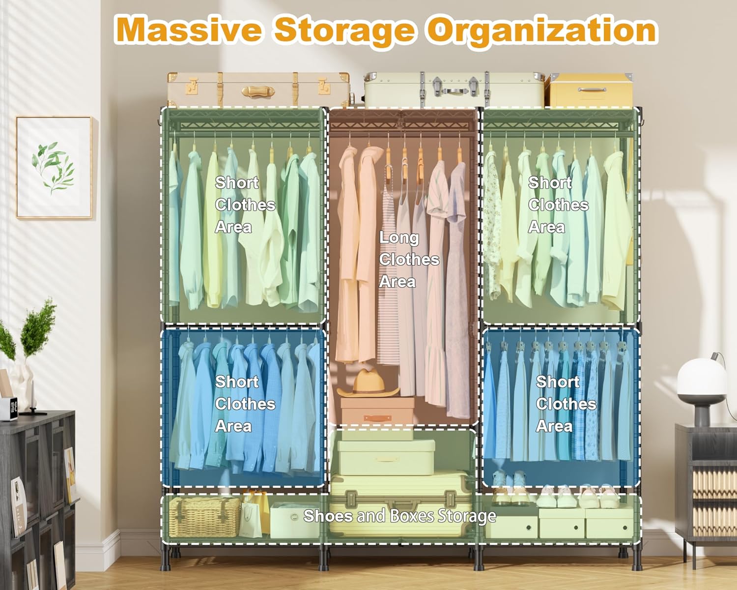 ULIFHOME E14C Heavy Duty Closet Organizer System，Freestanding Clothing Racks for Hanging Clothes，Adjustable Garment Rack 58' W × 16' D × 77' H Hold 860 lbs，Black Rack with Black Dustproof Cover