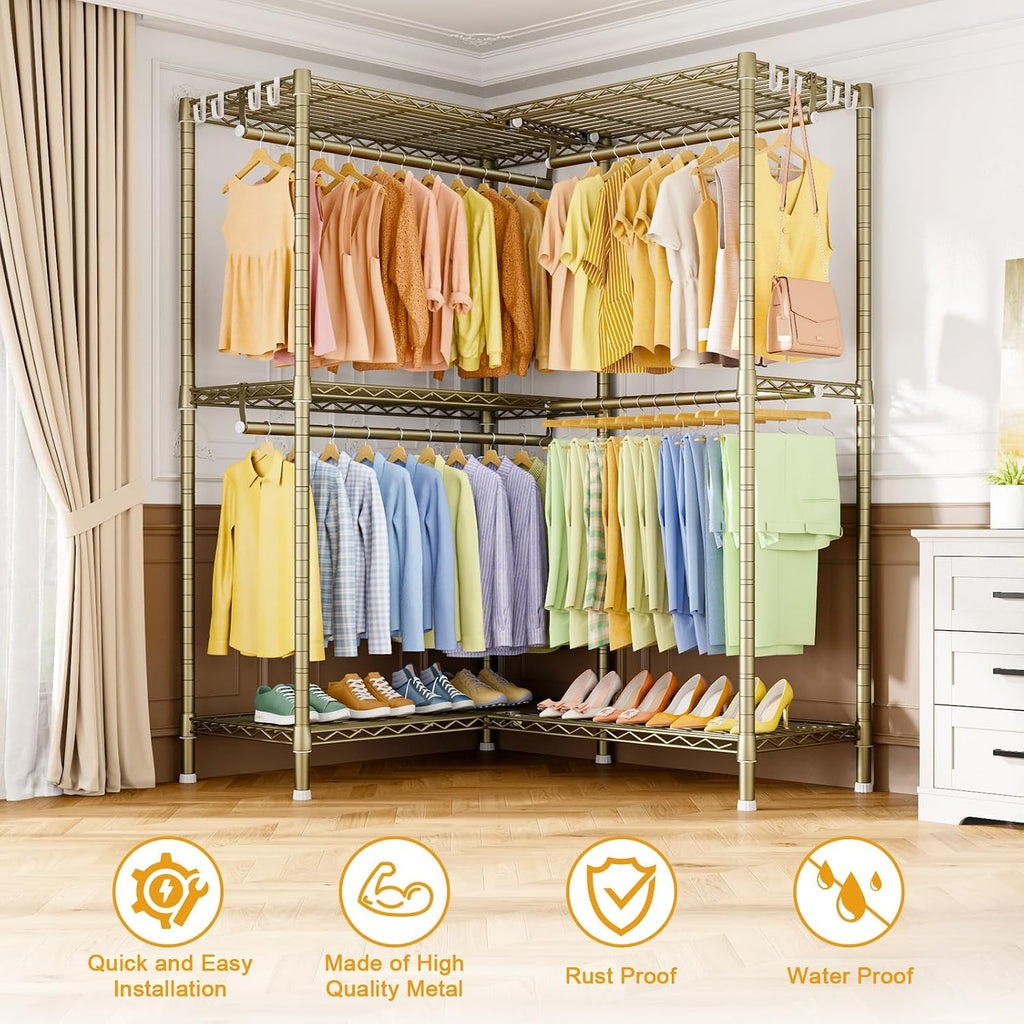 ULIFHOME E15 Garment Rack L Shaped Clothes Rack for Corner，Freestanding Clothing Racks for Hanging Clothes，Heavy Duty Closet Organizer with 4 Hanging Rods & 8 S Hooks，43.4' W x 15.8' D x 78.4' H，Gold