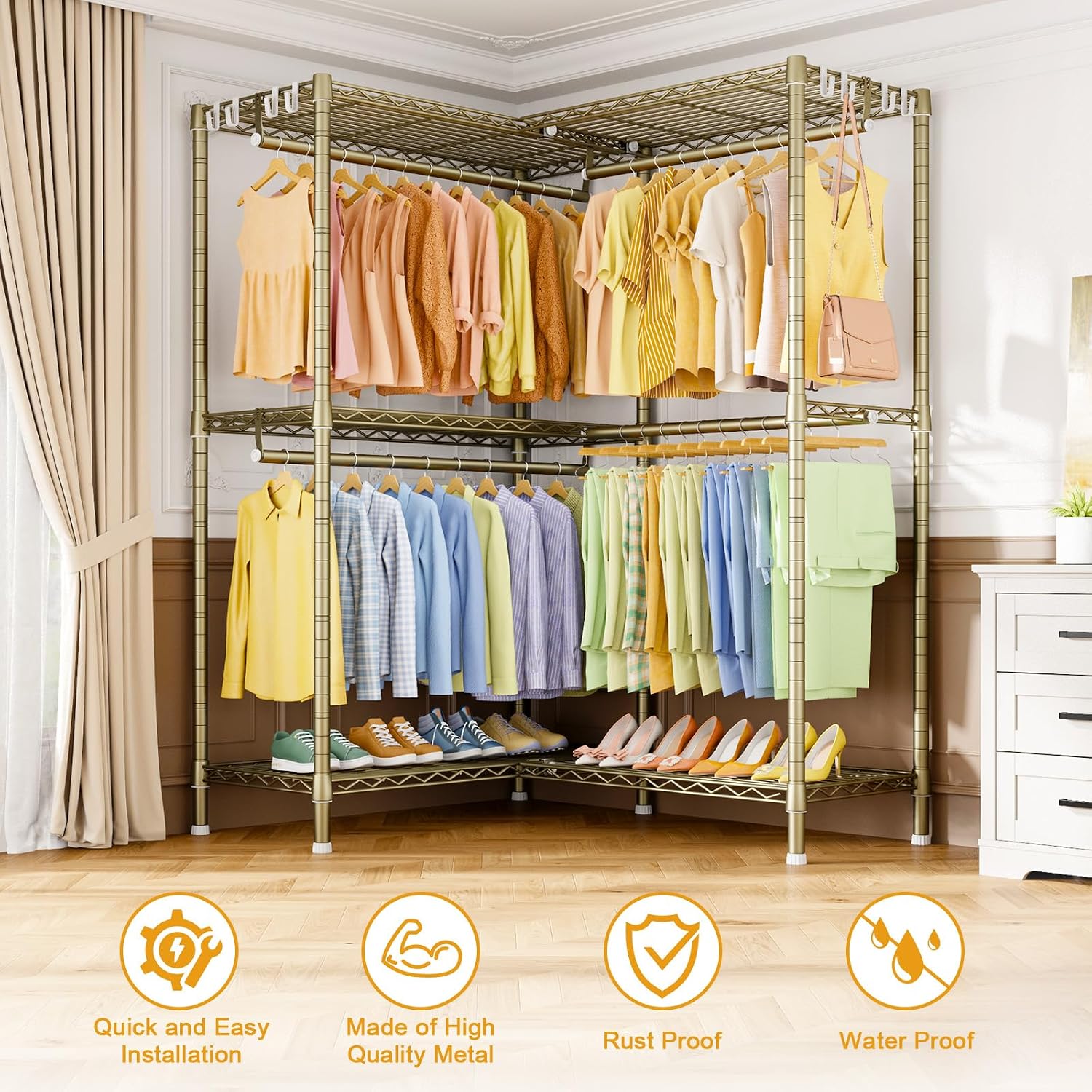 ULIFHOME E15 Garment Rack L Shaped Clothes Rack for Corner，Freestanding Clothing Racks for Hanging Clothes，Heavy Duty Closet Organizer with 4 Hanging Rods & 8 S Hooks，43.4' W x 15.8' D x 78.4' H，Gold