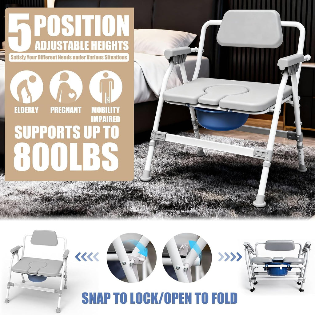 Heavy-Duty Large Bone Bedside Commode, 800lbs Weight Capacity & Extra-Wide Padded Seat, Adjustable Height Folding Toilet Chair for Seniors,Disabled, Patient Home Care