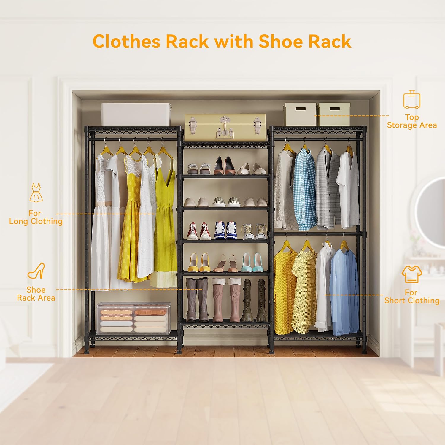 Higeego H12 Heavy Duty Clothes Rack with Adjustable 5-Tier Shoe Rack, Freestanding Clothing Racks for Hanging Clothes, Metal Shoe Organizer Large Closet Racks, 15.7' D x 68.7' W x 76.4' H, Black