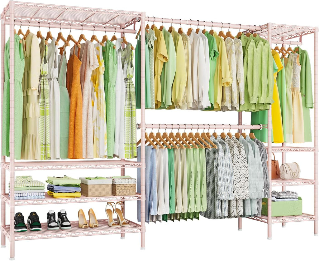 Ulif E11 Heavy-Duty Garment Rack, Metal Freestanding Clothes Rack and Closet Storage Organizer System with 8 Shelves and 4 Hanger Rods, (73.2-97.6)' W x 14.5' D x 71.2' H, Load 1034 LBS, Pink