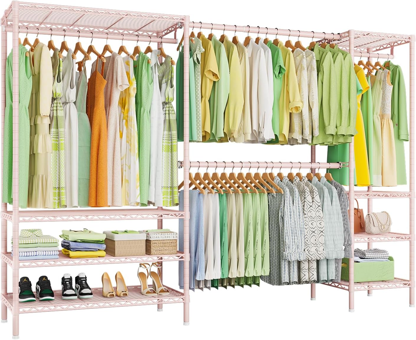Ulif E11 Heavy-Duty Garment Rack, Metal Freestanding Clothes Rack and Closet Storage Organizer System with 8 Shelves and 4 Hanger Rods, (73.2-97.6)' W x 14.5' D x 71.2' H, Load 1034 LBS, Pink