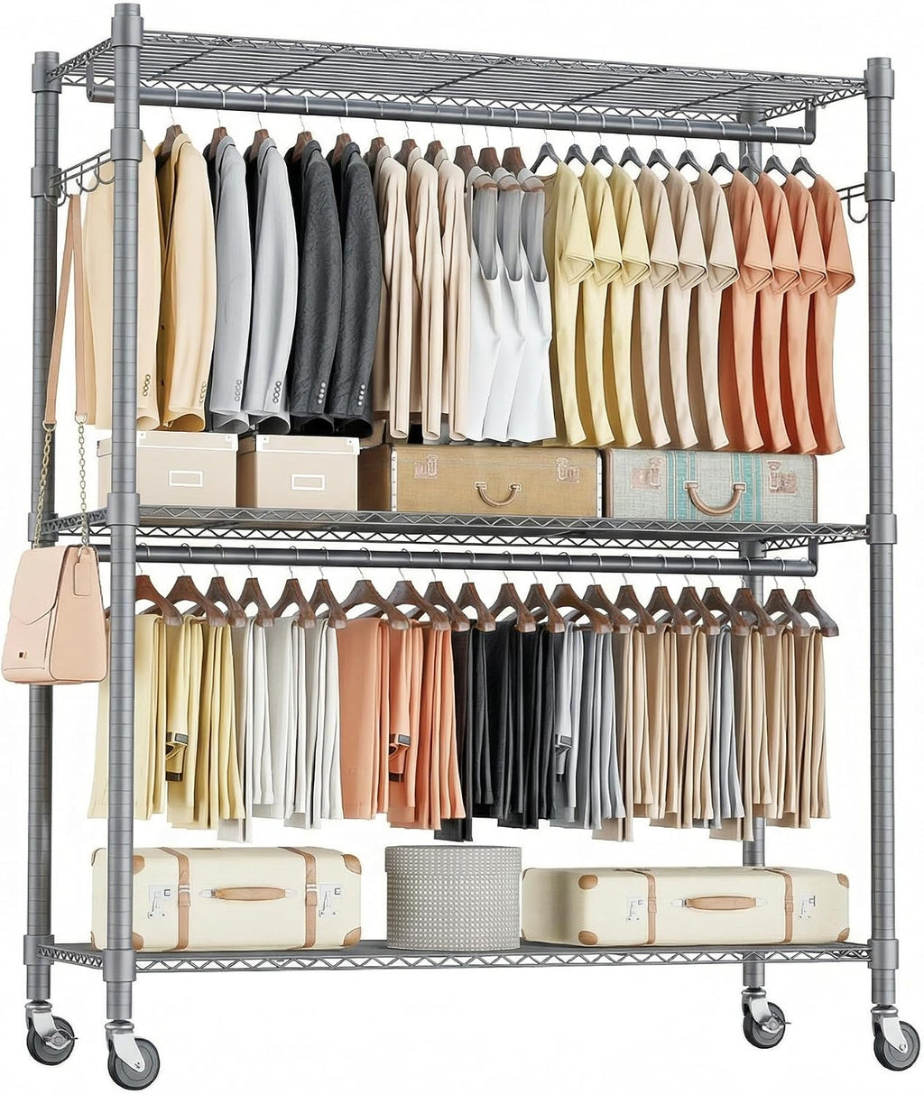 Homdox Rolling Clothes Rack Heavy Duty, 3-Tier Adjustable Wire Shelving Garment Organizer with Double Rods & Hooks, Portable Clothes Rack with Wheels, 17.72' D x 47.24' W x 80.71' H, Grey