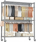 Homdox Rolling Clothes Rack Heavy Duty, 3-Tier Adjustable Wire Shelving Garment Organizer with Double Rods & Hooks, Portable Clothes Rack with Wheels, 17.72' D x 47.24' W x 80.71' H, Grey