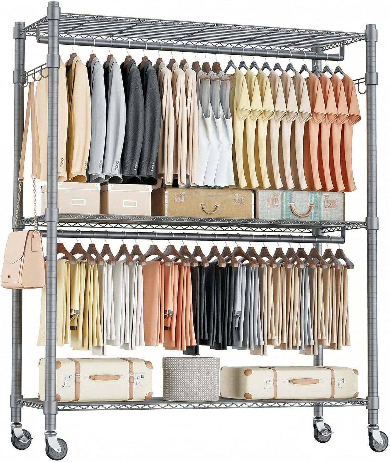 Homdox Rolling Clothes Rack Heavy Duty, 3-Tier Adjustable Wire Shelving Garment Organizer with Double Rods & Hooks, Portable Clothes Rack with Wheels, 17.72' D x 47.24' W x 80.71' H, Grey