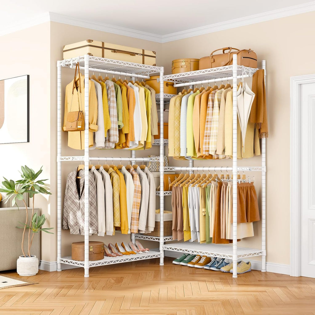 Ulif E4L L-shaped Clothing Rack for Corner, Heavy-Duty Freestanding Garment Rack, Metal Clothes Storage Organizer System with Shelves and Hangers, Max Load 962lbs, 42.7' W x 42.7' D x 79.3' H, White