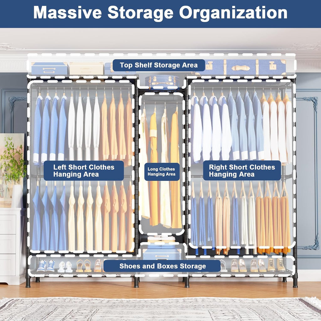 Ulif E12 Pro Clothes Rack，Heavy Duty Freestanding Garment Rack with Shelves，Metal Clothing Closet Storage System for Hanging Clothes，71' W x 16' D x 76.5' H, Hold 960 lbs，Black