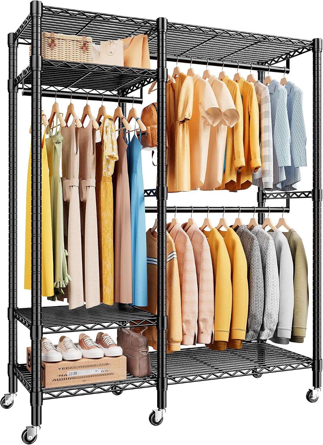 Raybee Clothes Rack Loads 780LBS, Clothes Rack for Hanging Clothes, Heavy Duty Clothing Racks with Wheels, Freestanding & Tool-Free Adjustable Metal Portable Closet with Shelves, Black