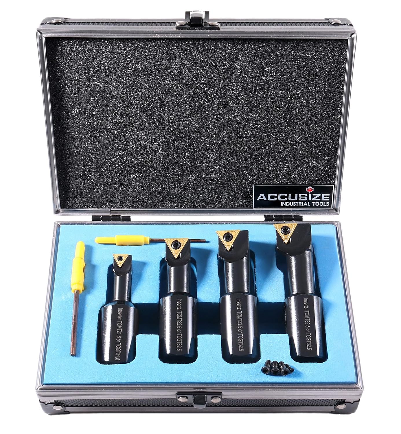 Accusize Industrial Tools 1' 4pc Indexable Stubby Length Boring Bar Set, w/Carbide TiN Coated TCMT Inserts and Extra Screws, EJ99-2182 | TCMT Inserts, Carbide, TiN Coated, Mini Bore 1/2 in-1-1/4 in, Max Bore 1-5/16 in-1-31/32 in, OAL 2-15/16 in-3-19/32 in