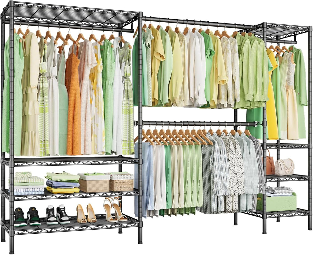 Ulif E11 Heavy-Duty Garment Rack, Metal Freestanding Clothes Rack and Closet Storage Organizer System with 8 Shelves and 4 Hanger Rods, (73.2-97.6)' W x 14.5' D x 71.2' H, Load 1034 LBS, Black