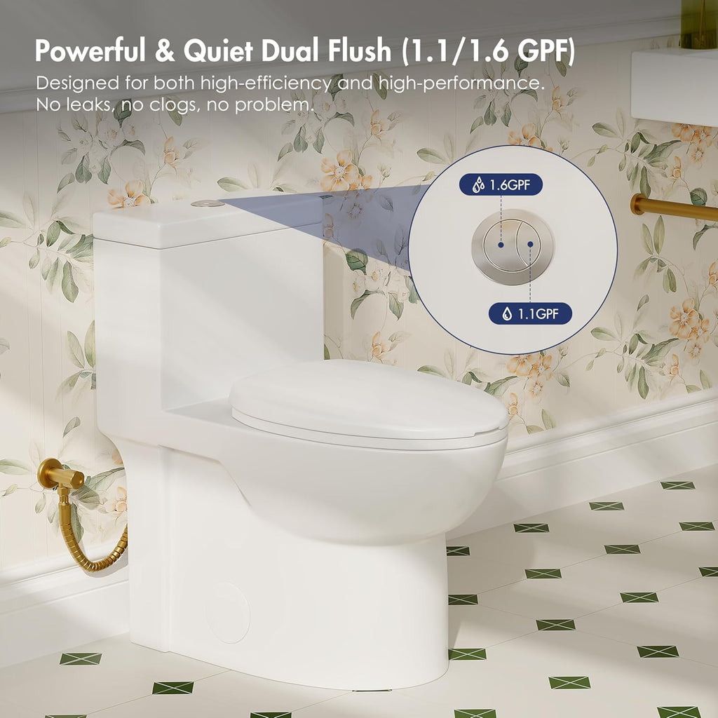 Eridanus One Piece Toilets for Bathroom, Elongated Toilet with Compact Soft Closing Seat, ADA Compliant 17' Toilet Bowl, 12' Rough in, Powerful Dual Flush 1.1/1.6 GPF, Modern Ceramic White