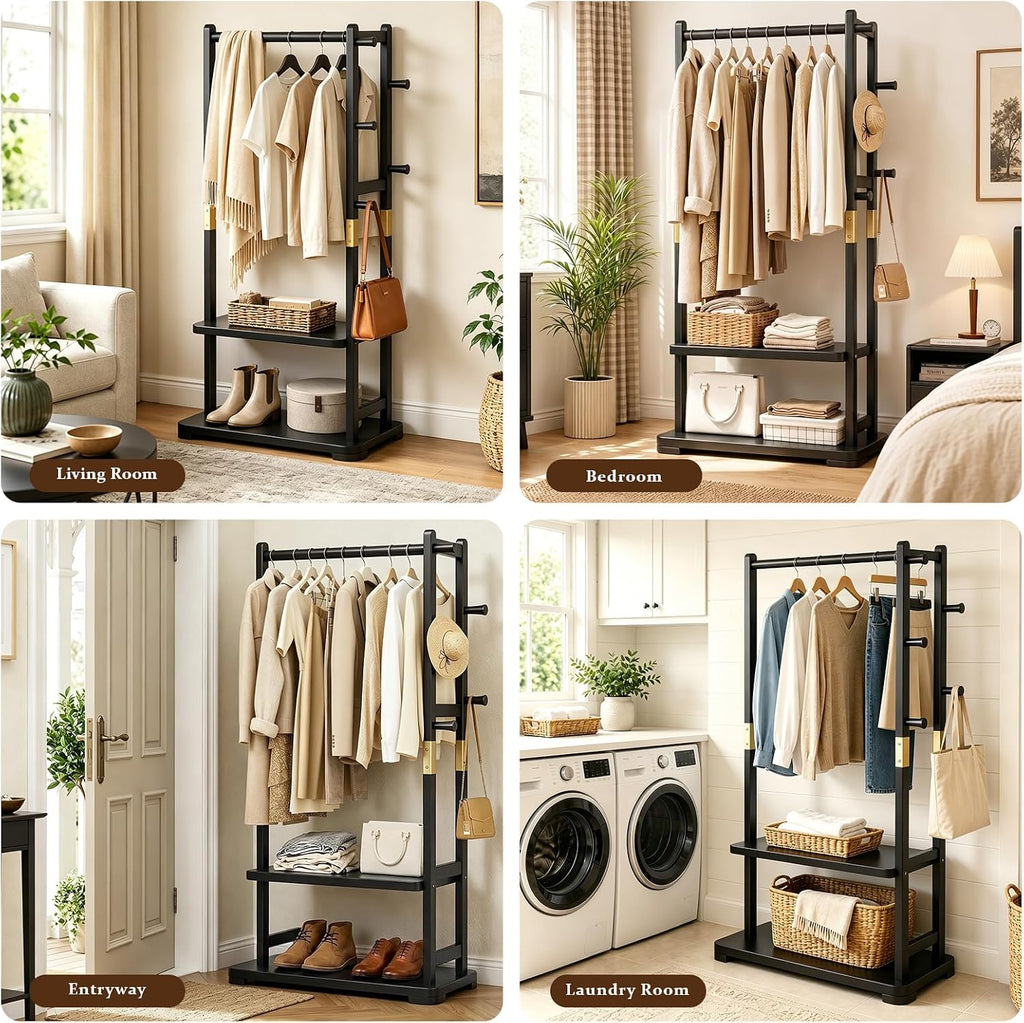 Solid Wood Clothes Rack with 2 Shelves & 4 Hooks for Hanging Clothes Garment Wallets Hats, Black Clothing Rack Heavy Duty Coat Rack Freestanding with Storage Hall Tree for Hallway Bedroom Living Room