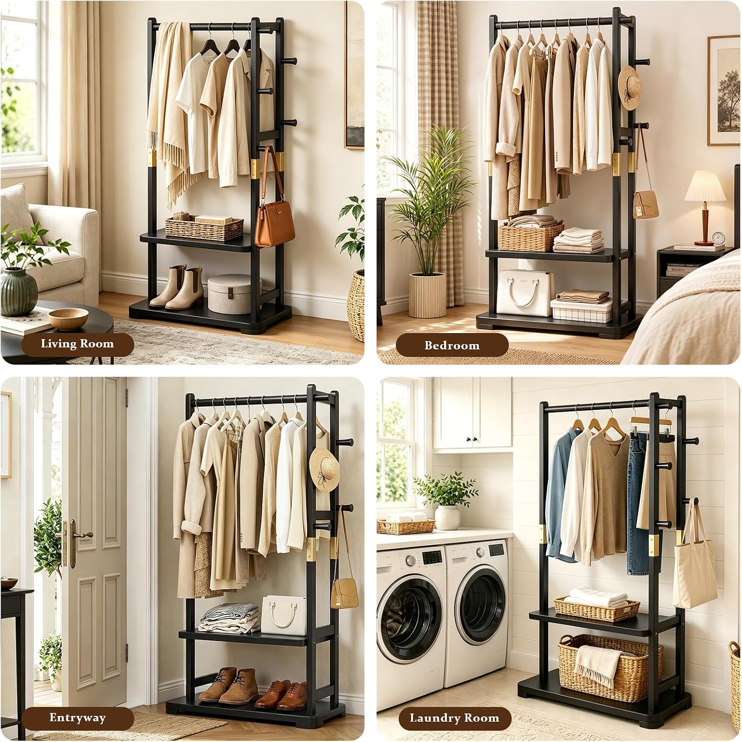 Solid Wood Clothes Rack with 2 Shelves & 4 Hooks for Hanging Clothes Garment Wallets Hats, Black Clothing Rack Heavy Duty Coat Rack Freestanding with Storage Hall Tree for Hallway Bedroom Living Room
